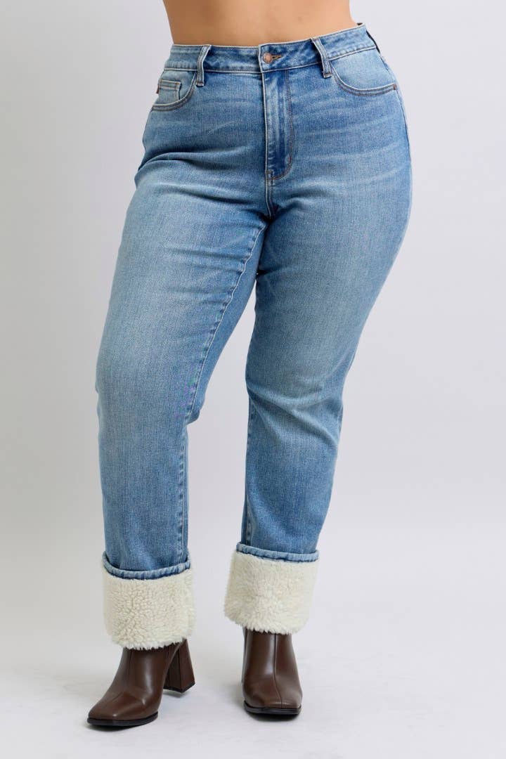 Judy Blue Plus Size High Waisted Shearling Cuff Straight Jeans